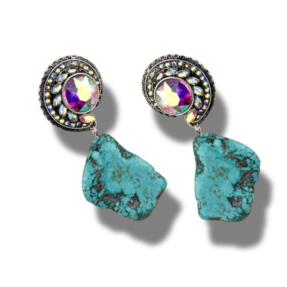 Gorgeous Austrian Crystal Turquoise Natural Stone Slab Western Boho Earrings